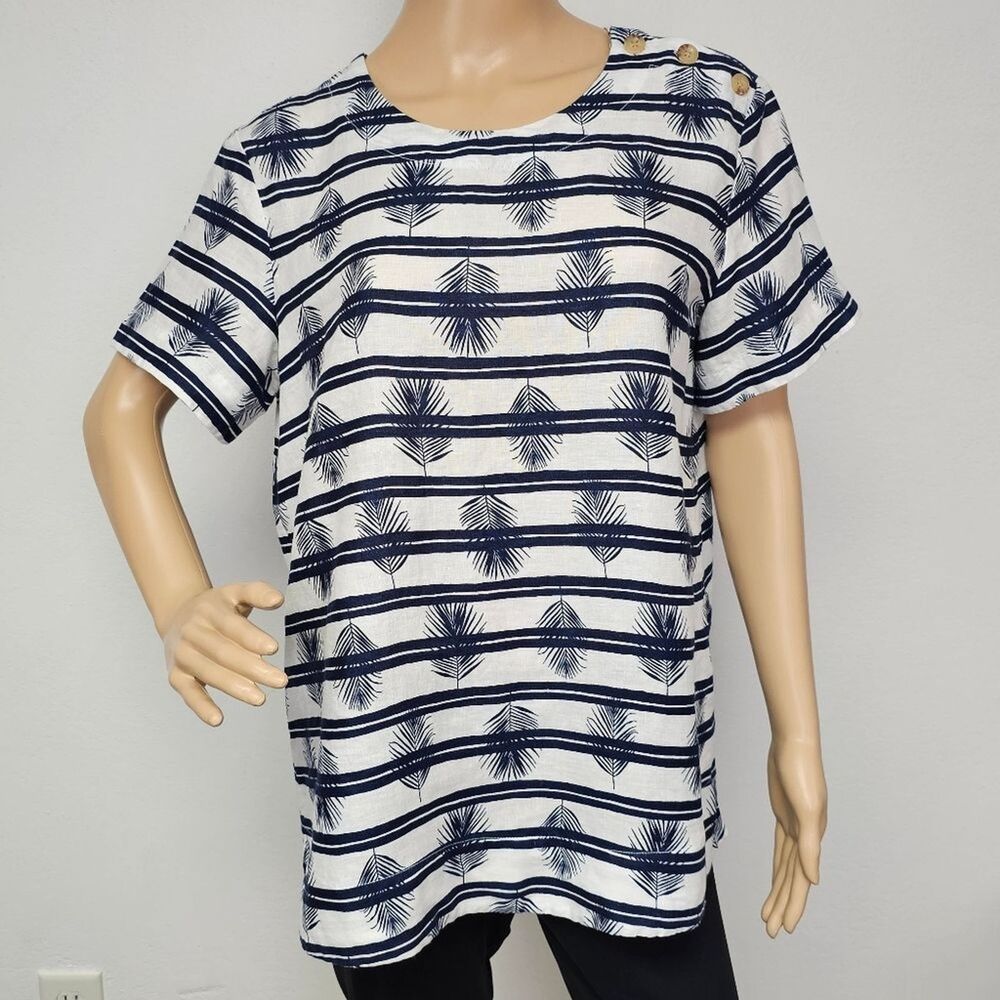 Lands End Linen Tunic Blouse Navy White Fern Print Sz M 10-12 Nautical Coastal